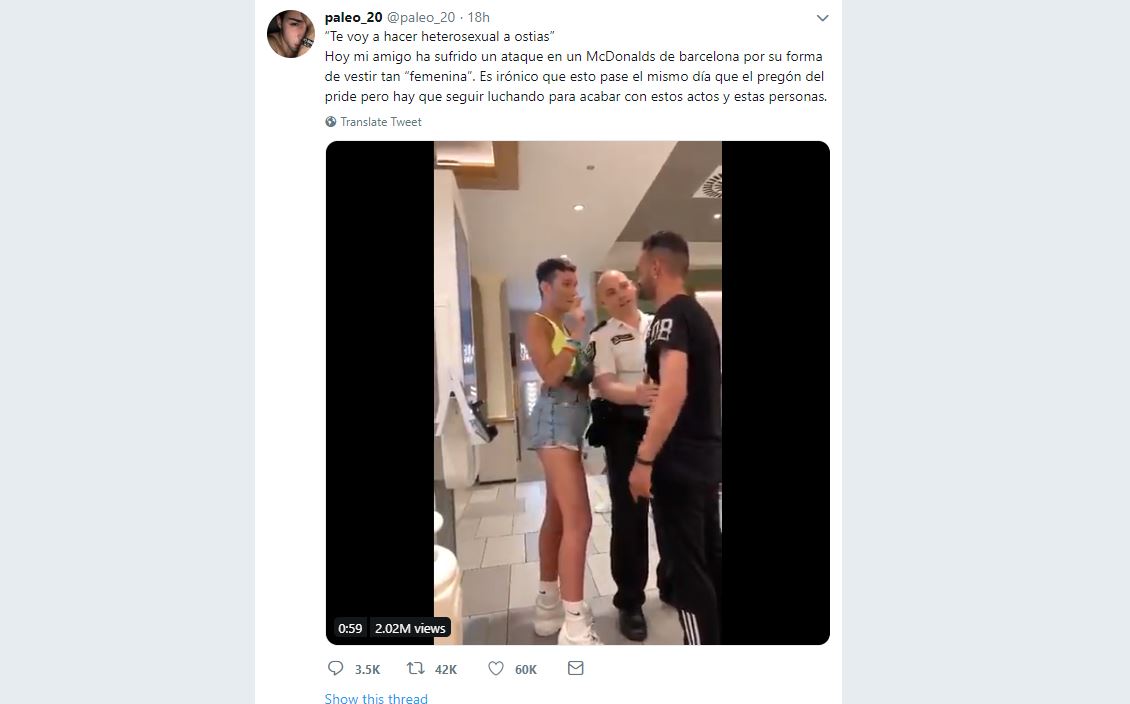 Screenshot of video posted on Twitter of homophobic aggression at a Barcelona McDonalds on June 27, 2019